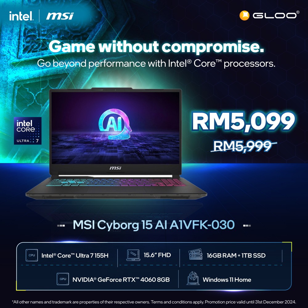 [Pre-order] MSI Cyborg 15 AI A1VFK-030MY Gaming Laptop (U7-155H,16GB,1TB SSD,RTX4060 8GB,15.6” FHD,W11H,Black,2Y) [ETA:3-5 working days]