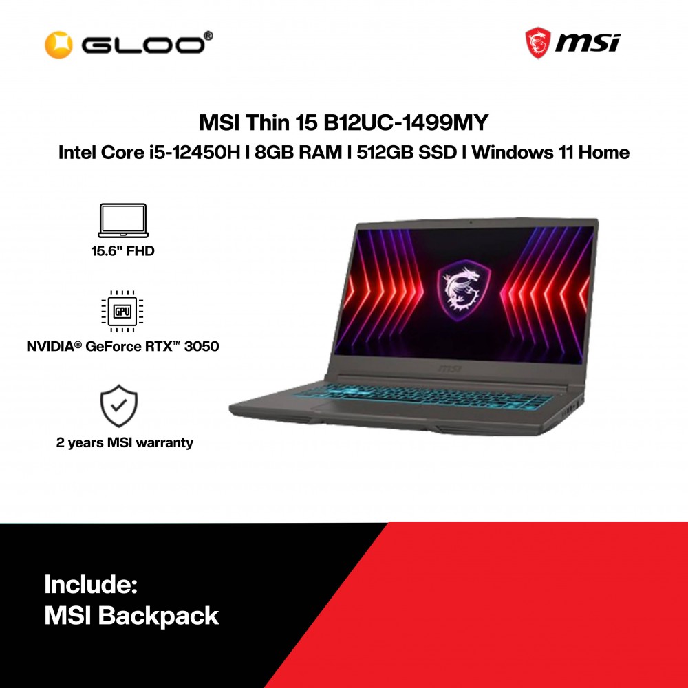 MSI Thin 15 B12UC-1499MY Gaming Laptop (i5-12450H,8GB, 512GB SSD,RTX3050 4GB,15.6"FHD,W11H,Gray,2Y)