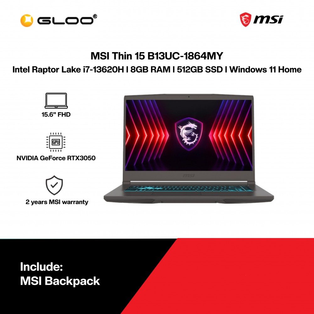 MSI Thin 15 B13UC-1864MY Gaming Laptop (i7-13620H,8GB,512GB SSD,RTX3050 4GB,15.6” FHD,W11H,Grey,2 Yrs)