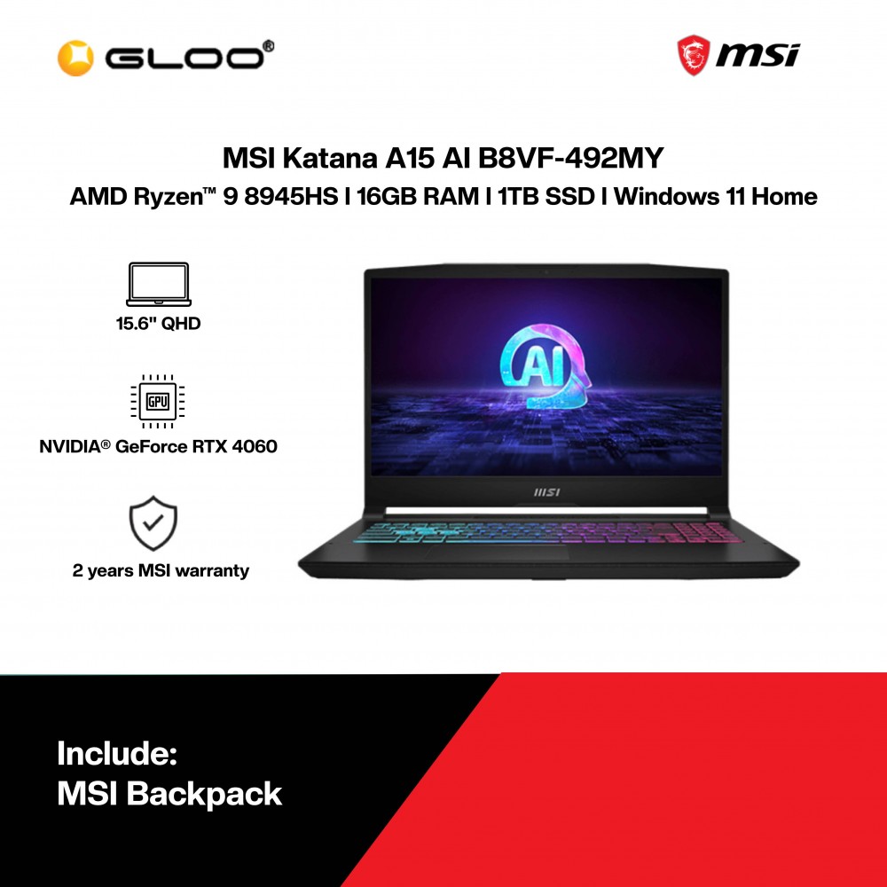 MSI Katana A15 AI B8VF-492MY Gaming Laptop (R9-8945HS,16GB,1TB SSD,RTX4060 8GB,15.6"QHD,W11H,Black,2Y)