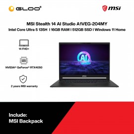 MSI Stealth 14 AI Studio A1VEG-204MY AI Gaming Laptop(CU5-135H,16GB,512GB SSD,RTX4050 6GB,14” FHD+,W11H,Wht,2Y) 