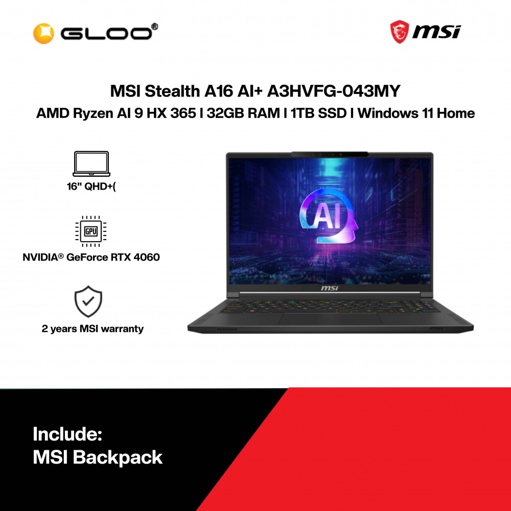 MSI Stealth A16 AI+ A3HVFG-043MY Gaming Laptop (Ryzen AI 9 365,32GB,1TB SSD,RTX4060 8GB,16”QHD+,W11H,Blk,2Y)