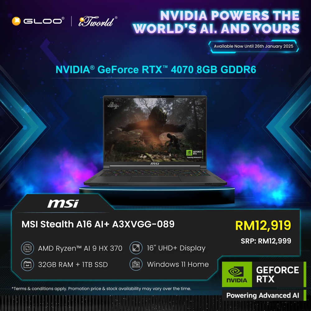 MSI Stealth A16 AI+ A3XVGG-089MY Gaming Laptop (NVIDIA® GeForce RTX™ 4070 8GB,Ryzen AI 9 HX 370,32GB,1TB SSD,16” UHD+,W11H,Blk,2Y)