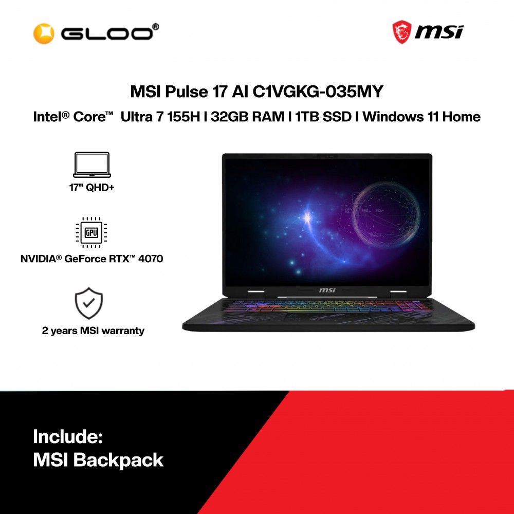 [Pre-order] MSI Pulse 17 AI C1VGKG-035MY Gaming Laptop (CU7-155H,32GB,1TB SSD,RTX4070 8GB,17"QHD+,W11H,Core Black,2Y) [ETA:3-5 working days]