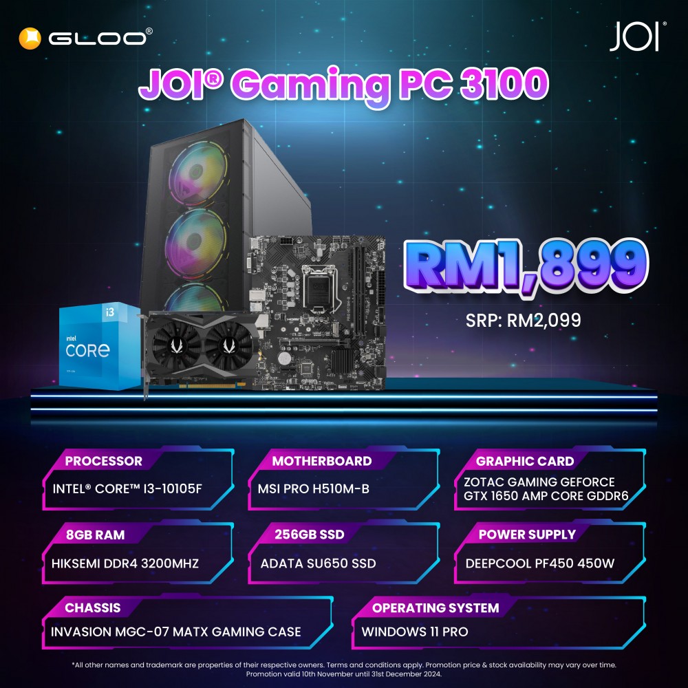 JOI GAMING PC (i3-1015F/8GB RAM/256GB SSD/GEForce GTX 1650/W11P)