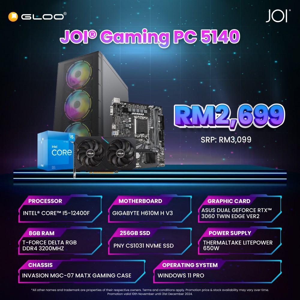 JOI GAMING PC (i5-12400F/8GB RAM/256GB SSD/GEForce RTX 3060/W11P)