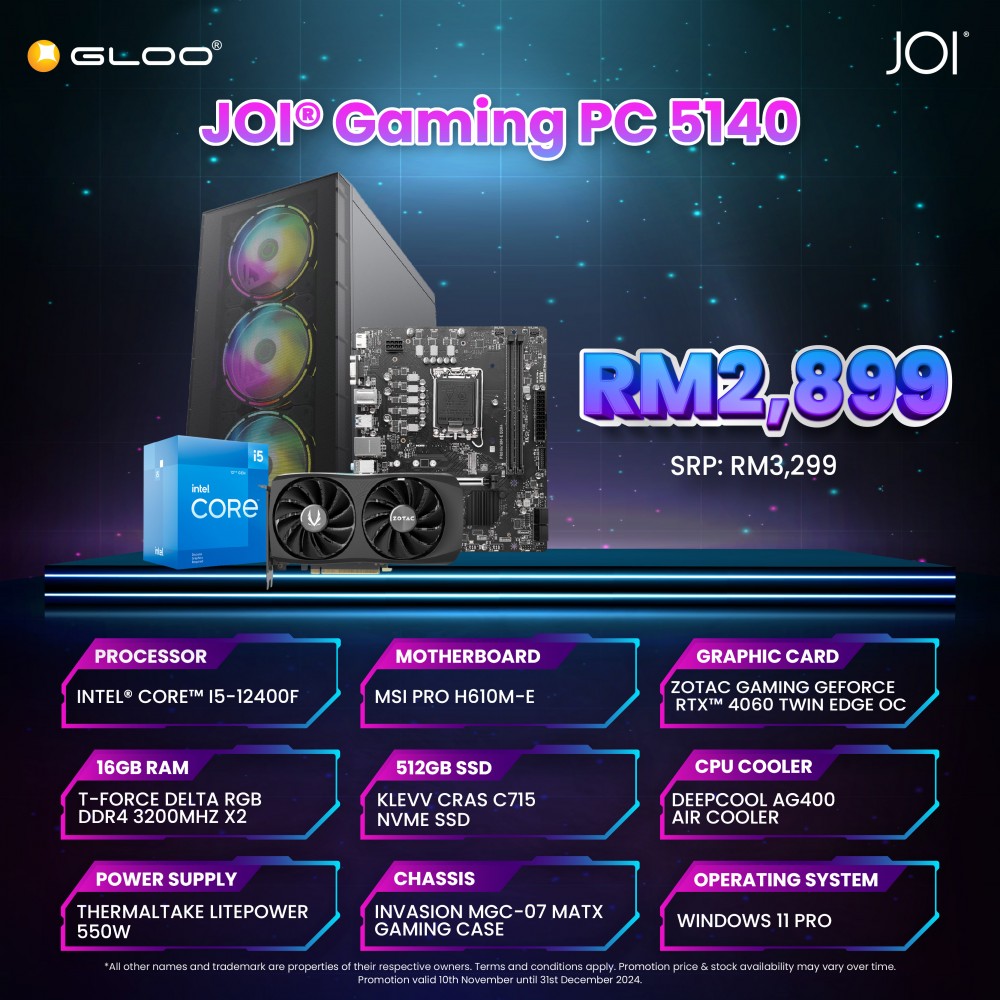 JOI GAMING PC (i5-12400F/16GB RAM/512GB SSD/GEForce RTX 4060/W11P)