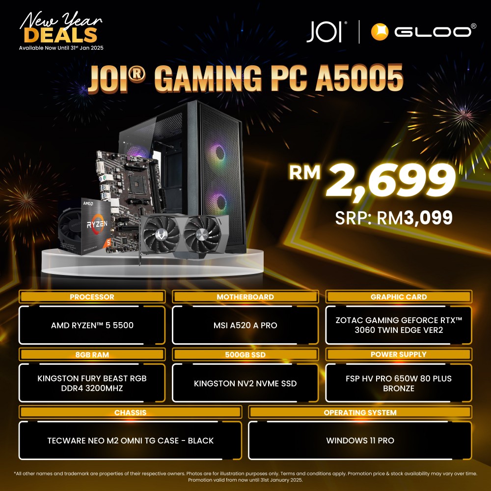 JOI Gaming PC A5005 (AMD Ryzen 5 5500/8GB RAM/500GB SSD/RTX3060/W11P)