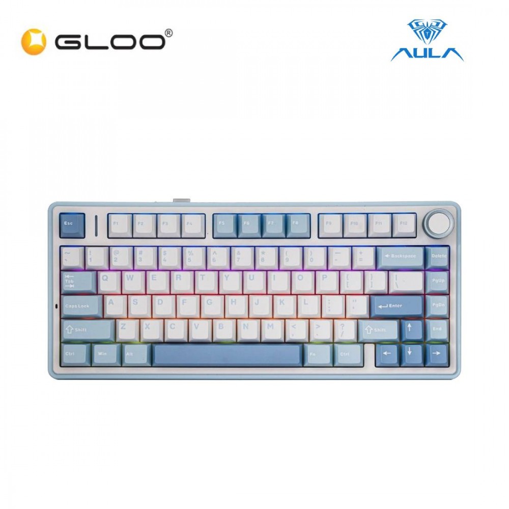 AULA F75 Multi Mode Hot Swap Mechanical Keyboard With Gray Wood V3 Switch - Sea Salt Blue (F75-BLUE+WHITE+DARK BLUE)