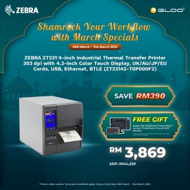 ZEBRA ZT231 4-inch Industrial Thermal Transfer Printer 203 dpi with 4.3-inch Color Touch Display, UK/AU/JP/EU Cords, USB, Ethernet, BTLE (ZT23142-T0P000FZ)