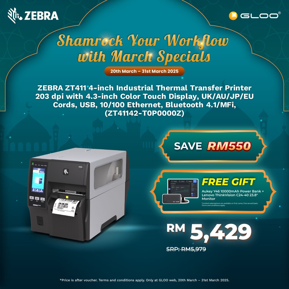 ZEBRA ZT411 4-inch Industrial Thermal Transfer Printer 203 dpi with 4.3-inch Color Touch Display, UK/AU/JP/EU Cords, USB, 10/100 Ethernet, Bluetooth 4.1/MFi,  (ZT41142-T0P0000Z)