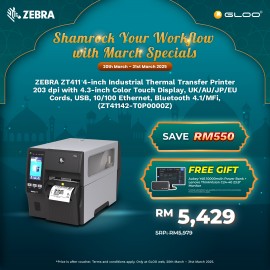 ZEBRA ZT411 4-inch Industrial Thermal Transfer Printer 203 dpi with 4.3-inch Color Touch Display, UK/AU/JP/EU Cords, USB, 10/100 Ethernet, Bluetooth 4.1/MFi,  (ZT41142-T0P0000Z)