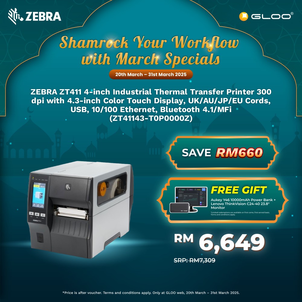 ZEBRA ZT411 4-inch Industrial Thermal Transfer Printer 300 dpi with 4.3-inch Color Touch Display, UK/AU/JP/EU Cords, USB, 10/100 Ethernet, Bluetooth 4.1/MFi (ZT41143-T0P0000Z)