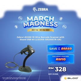 [Ready Stock] Zebra LS2208 1D Wire Barcode Scanner with Stand USB kit (LS2208-SR20007R-UR)