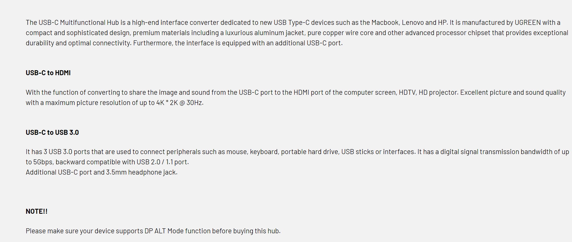 HUB USB-C UGREEN 5 EN 1 - 3 USB 3.0 - 1 HDMI - 1 USB-C DP - 1 JACK 3.5MM (  80132 )